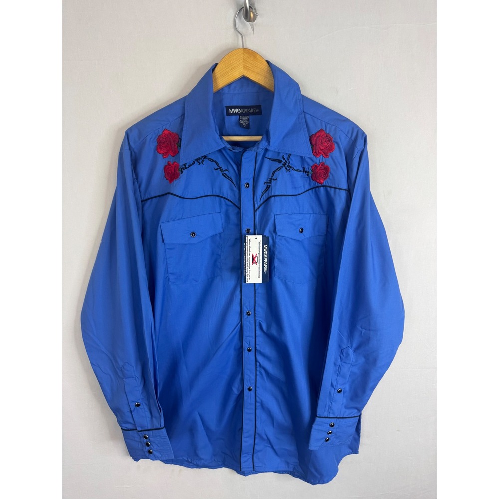 MWG Apparel Mens Blue Western Snap Shirt Rose Barbed Wire Embroidery Large NWT